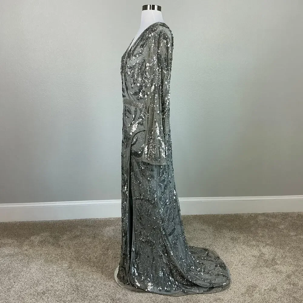 Mac Duggal 5222 Silver Evening Gown Sequined Long Sleeve A-Line Dress Size 12 - Picture 6 of 12